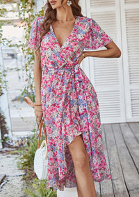 V Neck Short Sleeve Belted Ruffle Hem A-Line Bohemian Maxi Dress