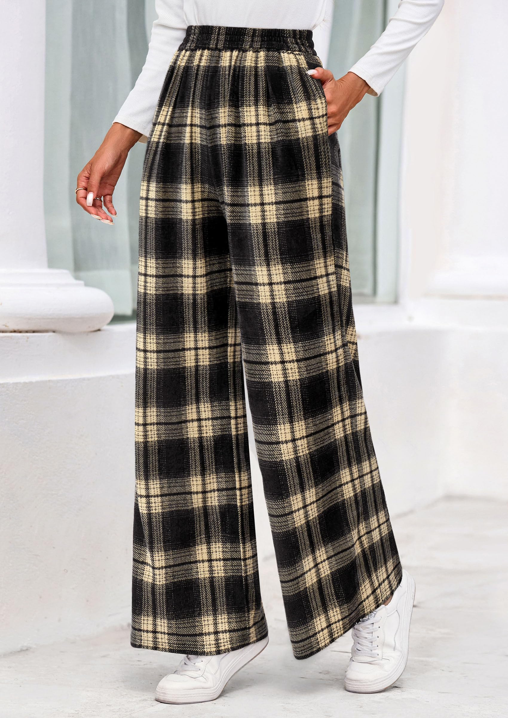 PRETTYGARDEN Casual Women's Pants Elastic Waist Palazzo Long Stretchy Wide Leg Trousers Knit Fall Outfits with Pockets PRETTYGARDEN