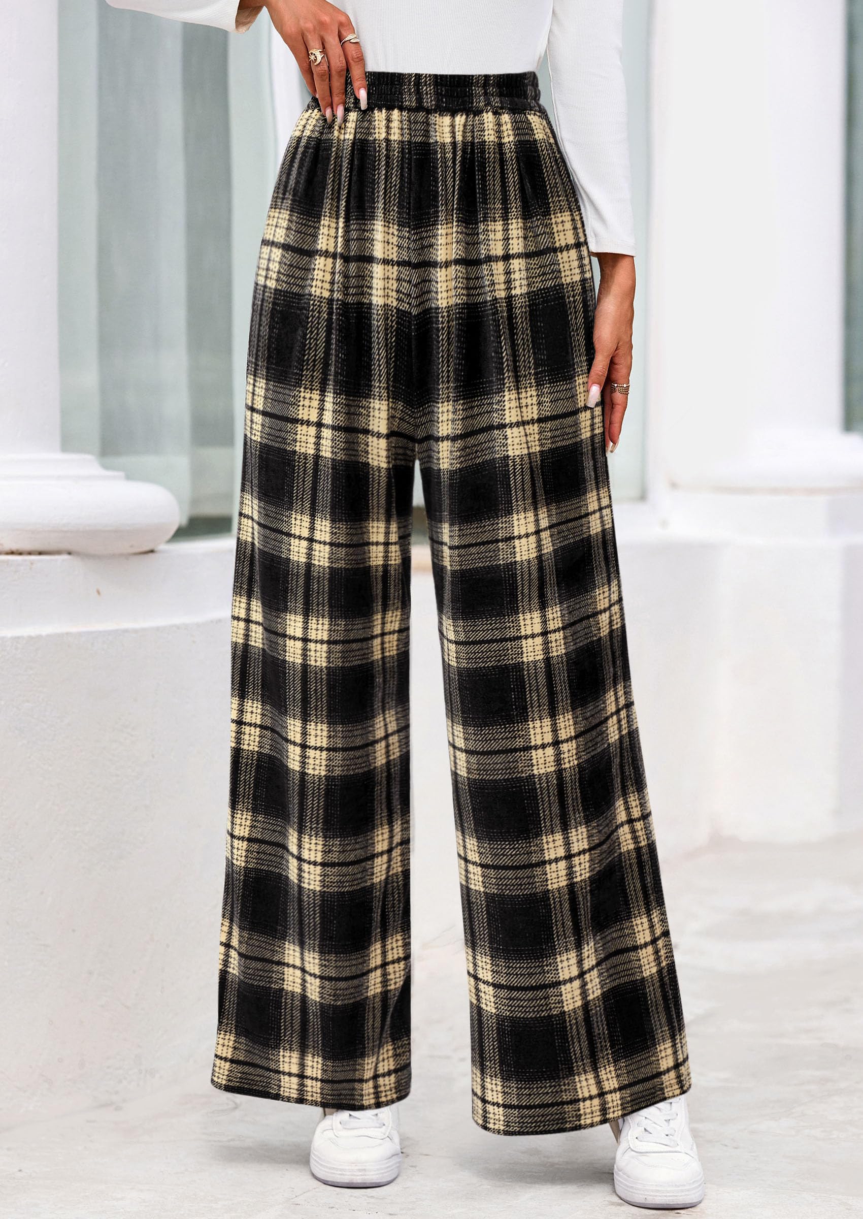 PRETTYGARDEN Casual Women's Pants Elastic Waist Palazzo Long Stretchy Wide Leg Trousers Knit Fall Outfits with Pockets PRETTYGARDEN