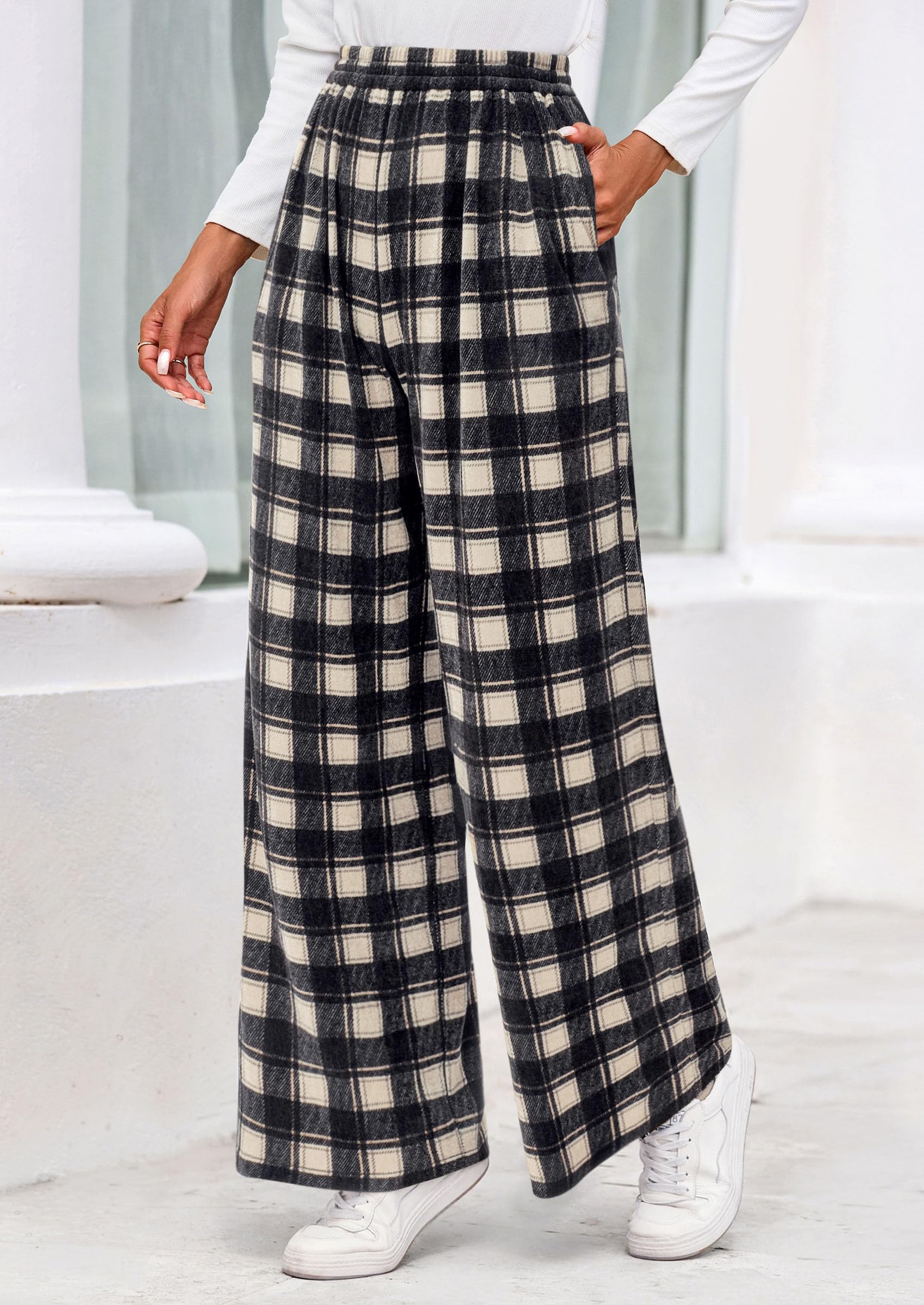 PRETTYGARDEN Casual Women's Pants Elastic Waist Palazzo Long Stretchy Wide Leg Trousers Knit Fall Outfits with Pockets PRETTYGARDEN