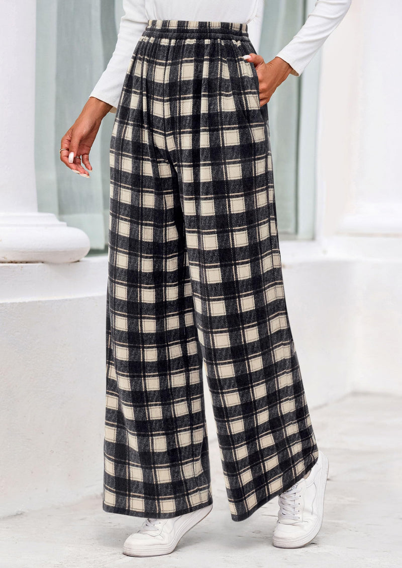 PRETTYGARDEN Casual Women's Pants Elastic Waist Palazzo Long Stretchy Wide Leg Trousers Knit Fall Outfits with Pockets PRETTYGARDEN