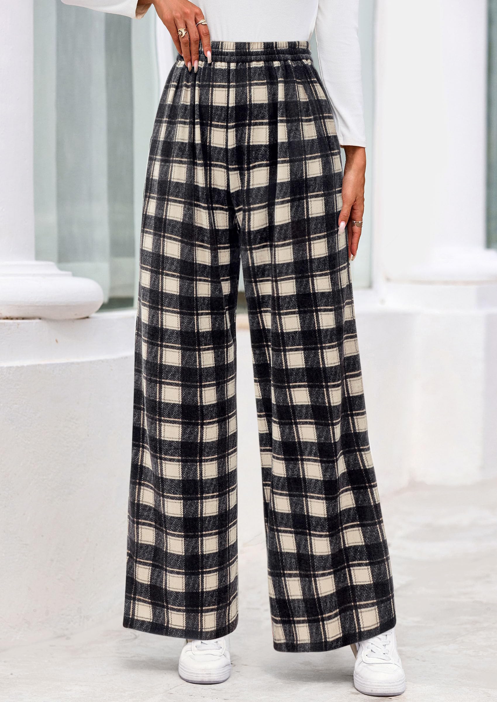 PRETTYGARDEN Casual Women's Pants Elastic Waist Palazzo Long Stretchy Wide Leg Trousers Knit Fall Outfits with Pockets PRETTYGARDEN