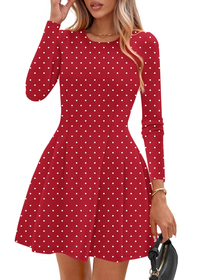 PRETTYGARDEN Long Sleeve Mini Dress for Women Fall Crewneck Knit Pleated Babydoll A Line Soft Casual Short Party Dresses PRETTYGARDEN