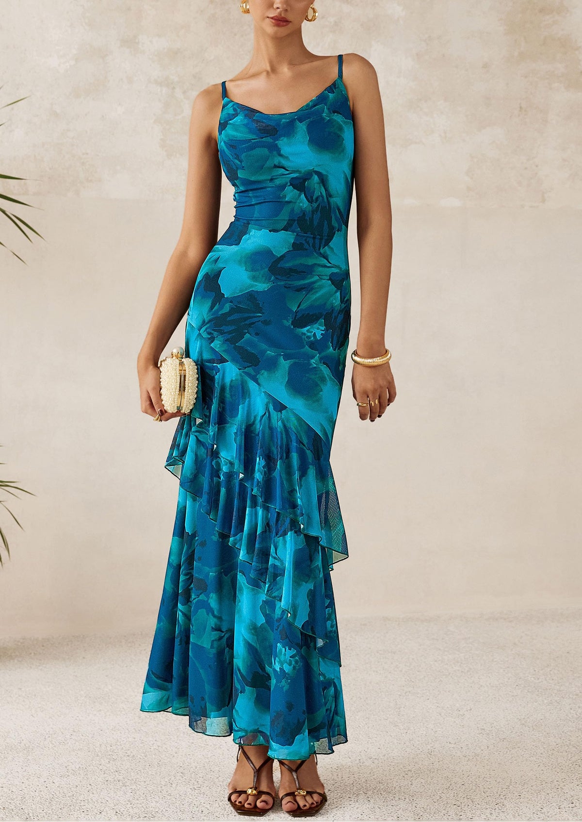 Tiered Floral Beach Spaghetti Strap Maxi Dresses