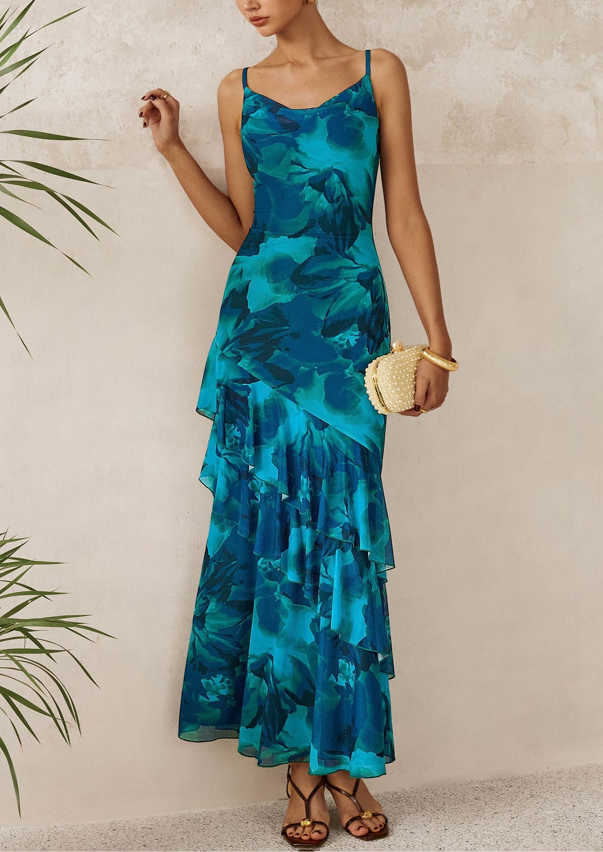 Tiered Floral Beach Spaghetti Strap Maxi Dresses