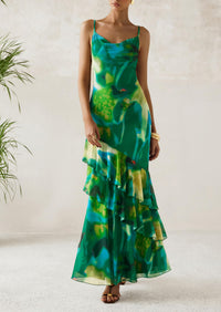 Tiered Floral Beach Spaghetti Strap Maxi Dresses