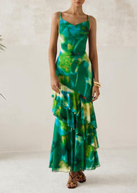 Tiered Floral Beach Spaghetti Strap Maxi Dresses
