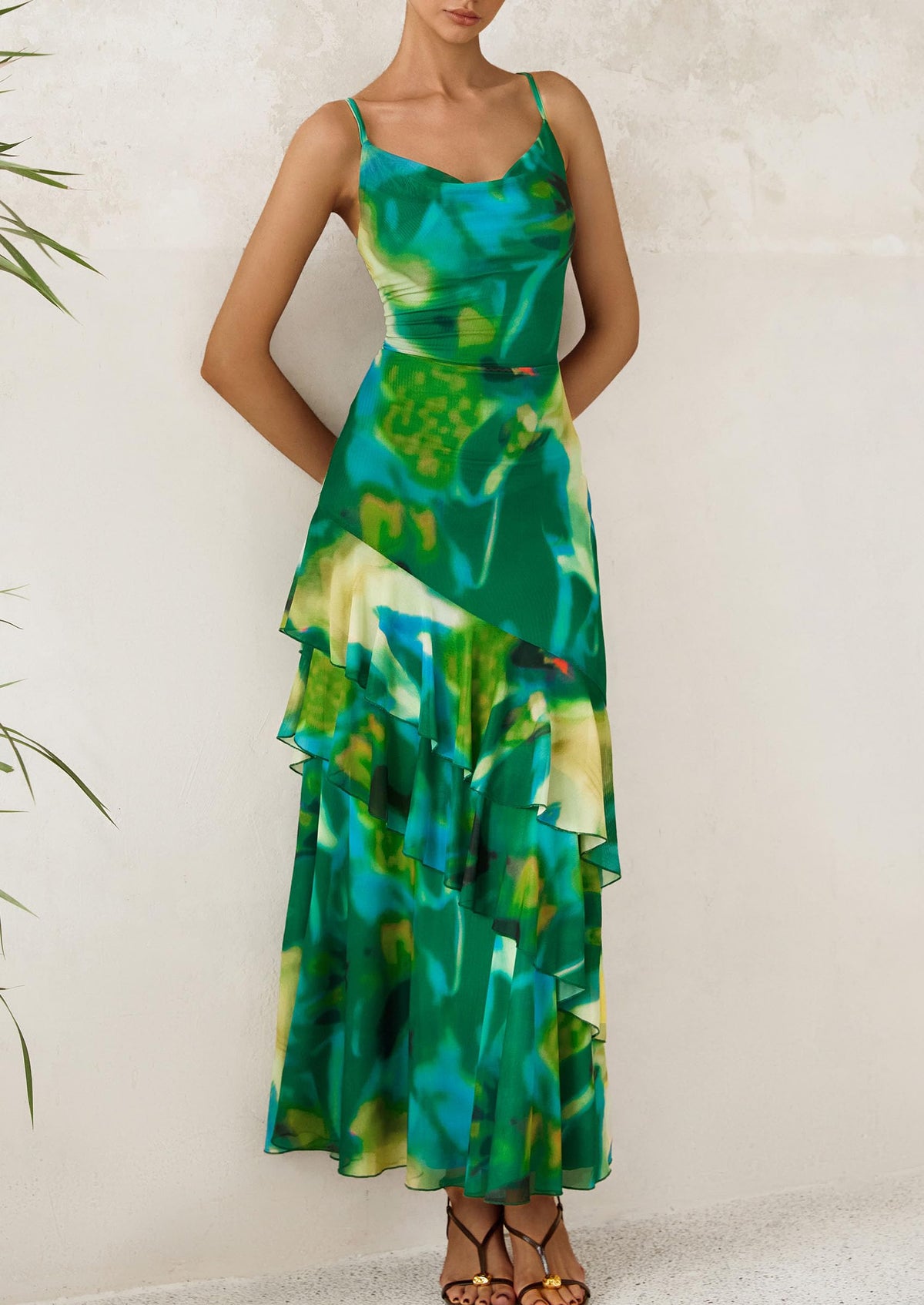 Tiered Floral Beach Spaghetti Strap Maxi Dresses