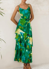 Tiered Floral Beach Spaghetti Strap Maxi Dresses