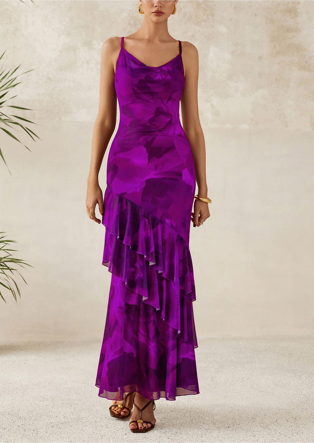 Tiered Floral Beach Spaghetti Strap Maxi Dresses