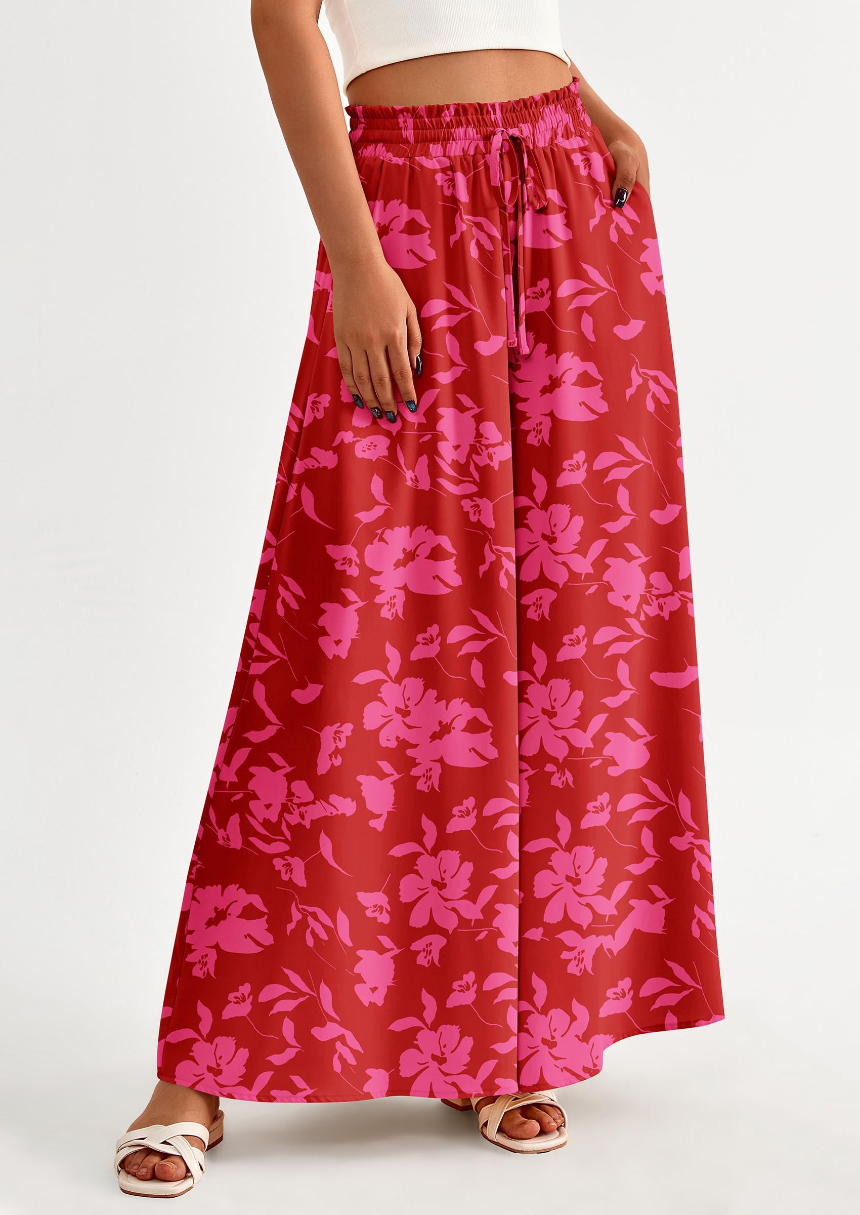 PRETTYGARDEN Women's Summer Wide Leg Palazzo Pants High Waisted Flowy Pockets Trendy Casual Lounge Boho Beach Trousers