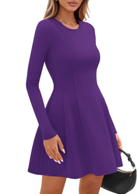 PRETTYGARDEN Long Sleeve Mini Dress for Women Fall Crewneck Knit Pleated Babydoll A Line Soft Casual Short Party Dresses PRETTYGARDEN