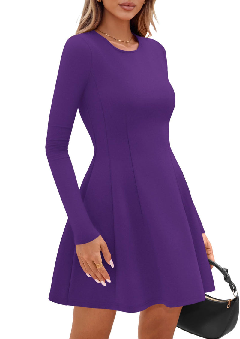 PRETTYGARDEN Long Sleeve Mini Dress for Women Fall Crewneck Knit Pleated Babydoll A Line Soft Casual Short Party Dresses PRETTYGARDEN