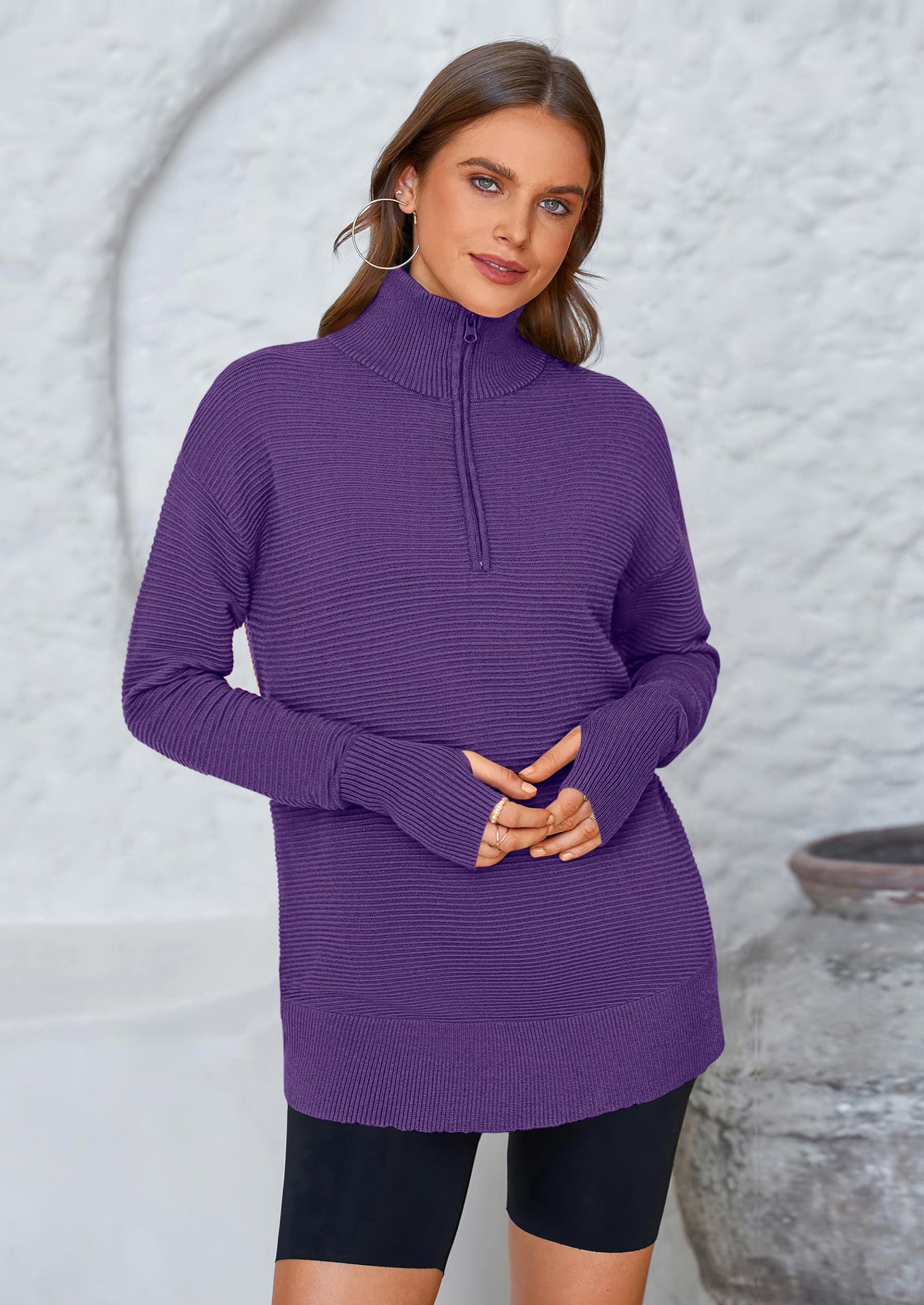 PRETTYGARDEN Womens Long Sleeve Quarter Zip Pullover Sweater Casual Loose V Neck Collared Ribbed Knit Jumper Tops Thumb Hole