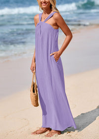 Casual Sleeveless Strappy Loose Flowy Beach Maxi Dress with Pockets