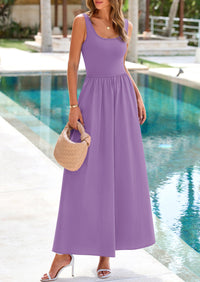 Casual Scoop Neck Sleeveless Patchwork A-line Swing Maxi Dresses with Pockets
