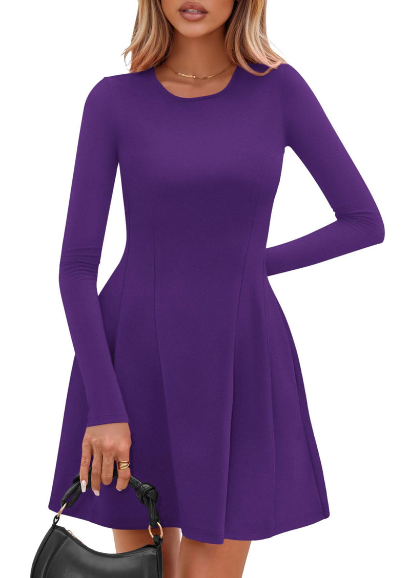 PRETTYGARDEN Long Sleeve Mini Dress for Women Fall Crewneck Knit Pleated Babydoll A Line Soft Casual Short Party Dresses PRETTYGARDEN