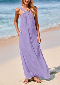 Casual Sleeveless Strappy Loose Flowy Beach Maxi Dress with Pockets