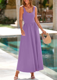 Casual Scoop Neck Sleeveless Patchwork A-line Swing Maxi Dresses with Pockets