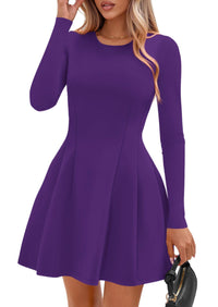 PRETTYGARDEN Long Sleeve Mini Dress for Women Fall Crewneck Knit Pleated Babydoll A Line Soft Casual Short Party Dresses PRETTYGARDEN