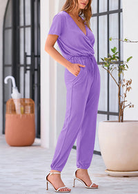 Deep V Neck Wrap Drawstring Waist Jumpsuits