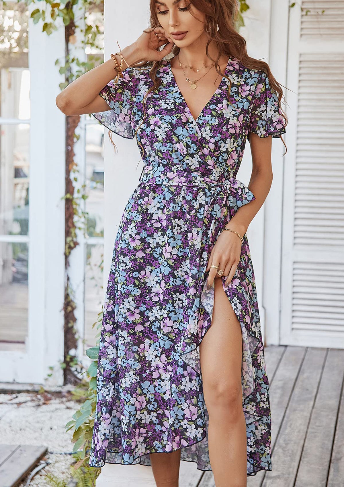 V Neck Short Sleeve Belted Ruffle Hem A-Line Bohemian Maxi Dress