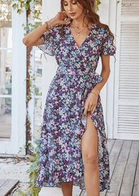 V Neck Short Sleeve Belted Ruffle Hem A-Line Bohemian Maxi Dress
