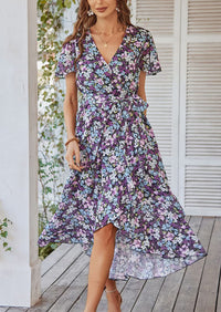 V Neck Short Sleeve Belted Ruffle Hem A-Line Bohemian Maxi Dress