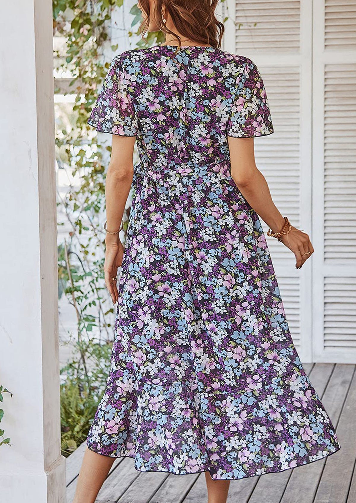V Neck Short Sleeve Belted Ruffle Hem A-Line Bohemian Maxi Dress