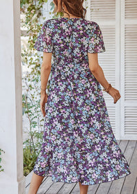 V Neck Short Sleeve Belted Ruffle Hem A-Line Bohemian Maxi Dress