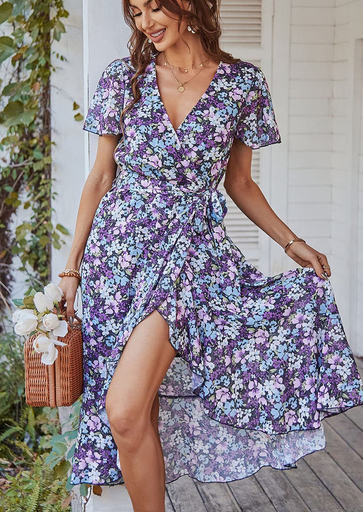 V Neck Short Sleeve Belted Ruffle Hem A-Line Bohemian Maxi Dress