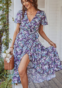 V Neck Short Sleeve Belted Ruffle Hem A-Line Bohemian Maxi Dress