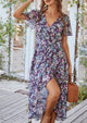 V Neck Short Sleeve Belted Ruffle Hem A-Line Bohemian Maxi Dress