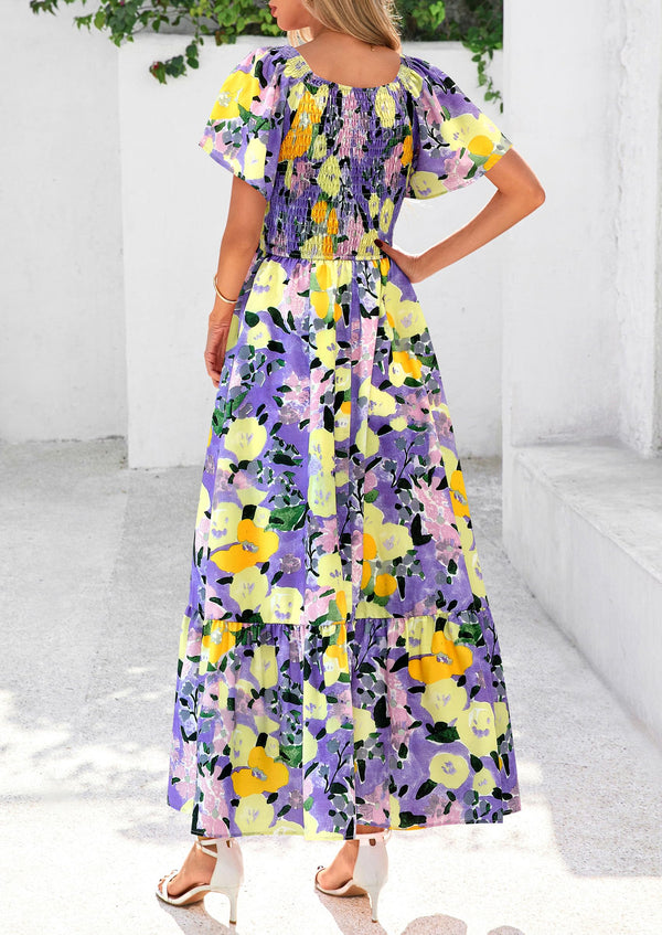 Floral Boho Short Sleeve V Neck Smocked A Line Beach Vacation Maxi Dresses