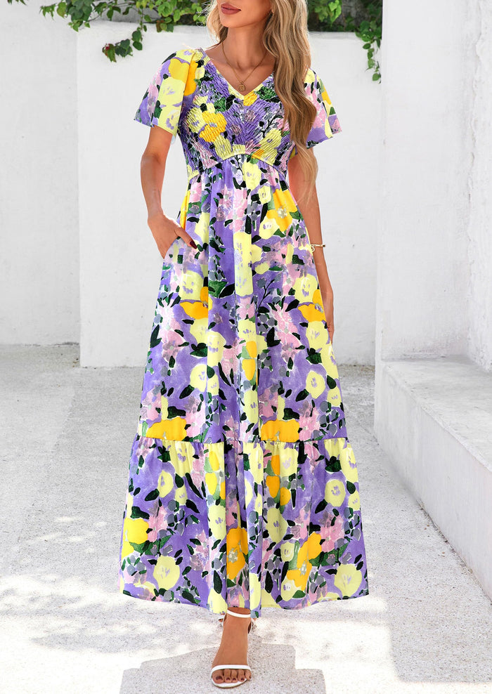 Floral Boho Short Sleeve V Neck Smocked A Line Beach Vacation Maxi Dresses