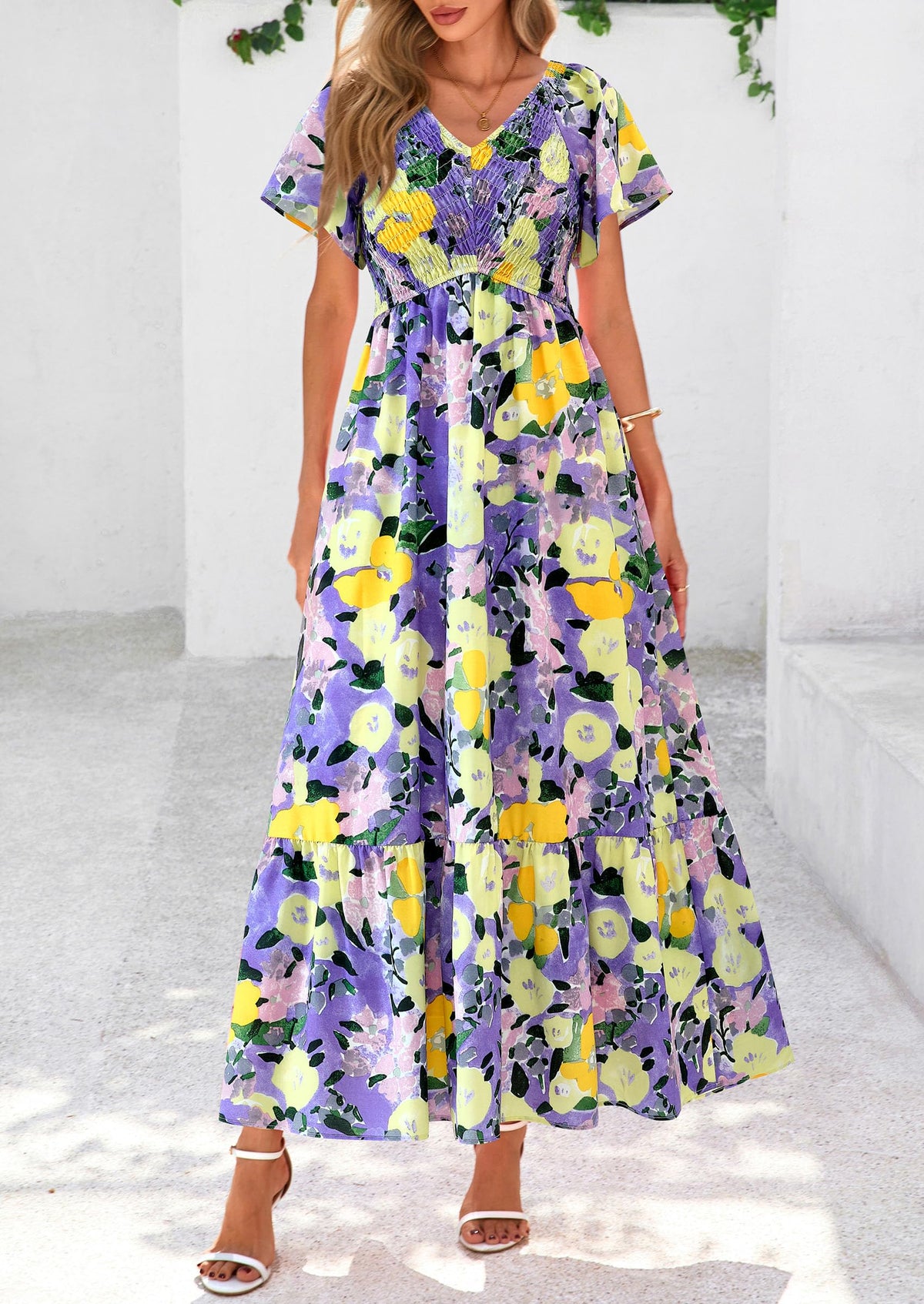 Floral Boho Short Sleeve V Neck Smocked A Line Beach Vacation Maxi Dresses