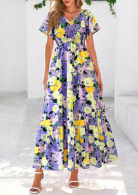 Floral Boho Short Sleeve V Neck Smocked A Line Beach Vacation Maxi Dresses