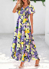 Floral Boho Short Sleeve V Neck Smocked A Line Beach Vacation Maxi Dresses