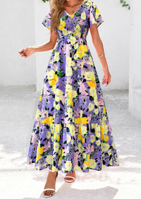 Floral Boho Short Sleeve V Neck Smocked A Line Beach Vacation Maxi Dresses