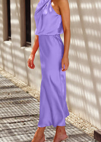 Satin sleeveless stand up collar party long dress