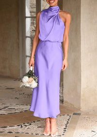 Satin sleeveless stand up collar party long dress