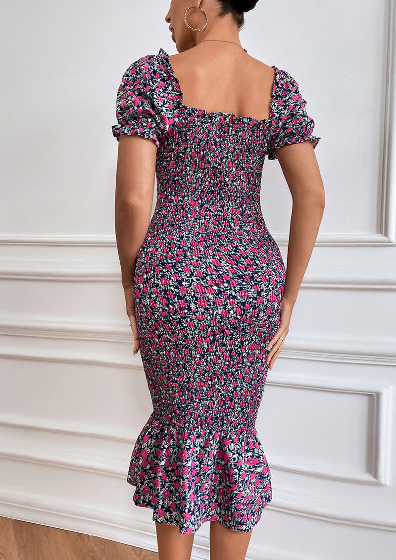 PRETTYGARDEN Bodycon Midi Dresses Summer Floral Puff Sleeve Mermaid Cocktail Baby Shower Photoshoot Maternity Dress