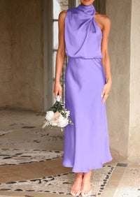 Satin sleeveless stand up collar party long dress