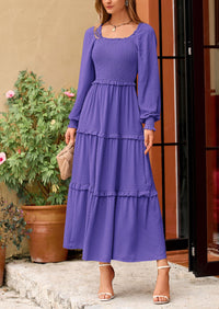 PRETTYGARDEN Women Fall Long Sleeve Smocked Maxi Dress Casual Square Neck Swiss Dot Tiered Ruffle Flowy Spring Pocket Dresses