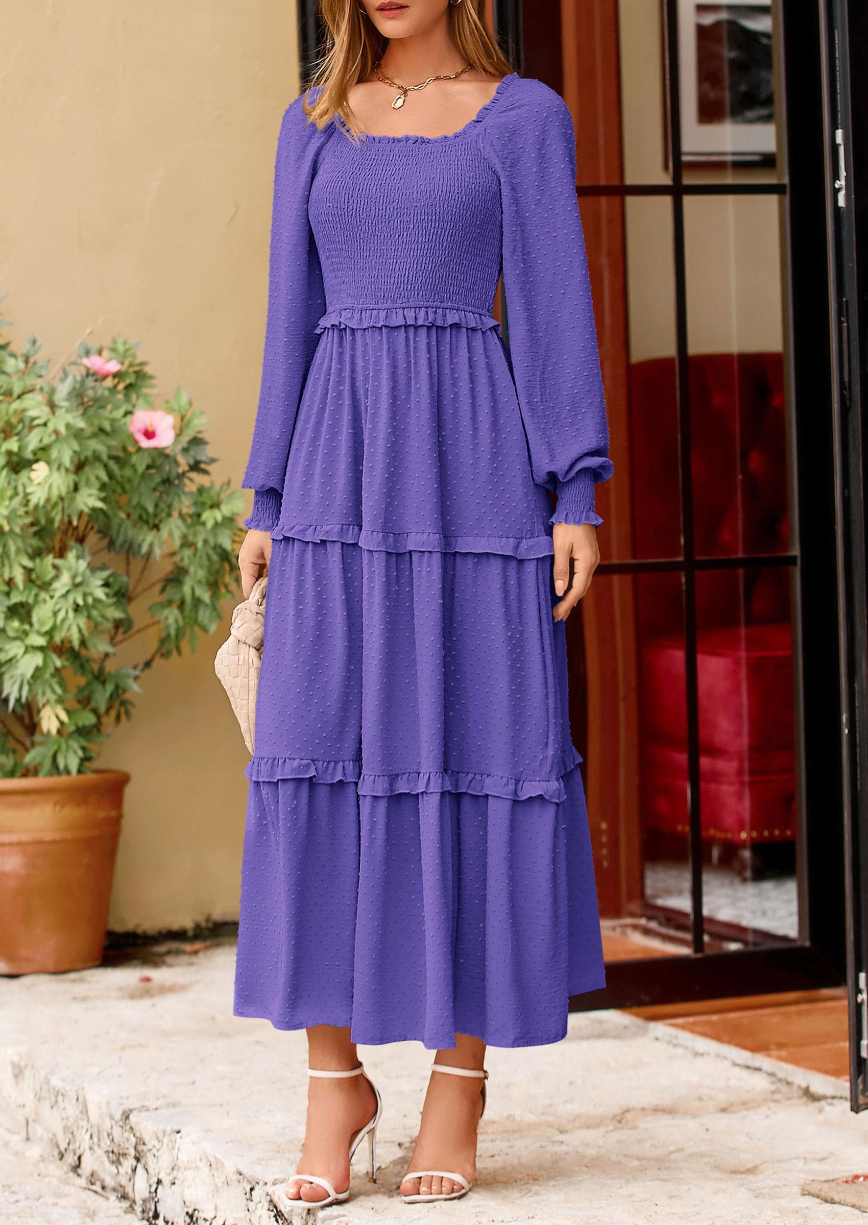 PRETTYGARDEN Women Fall Long Sleeve Smocked Maxi Dress Casual Square Neck Swiss Dot Tiered Ruffle Flowy Spring Pocket Dresses