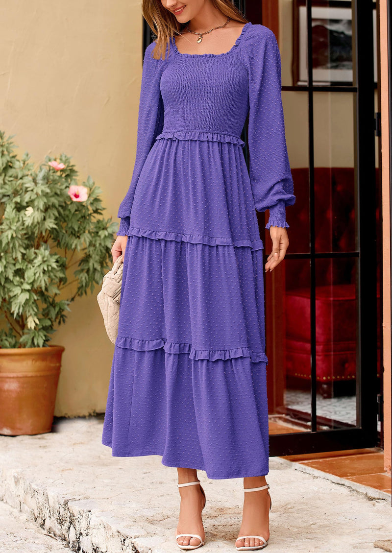 PRETTYGARDEN Women Fall Long Sleeve Smocked Maxi Dress Casual Square Neck Swiss Dot Tiered Ruffle Flowy Spring Pocket Dresses