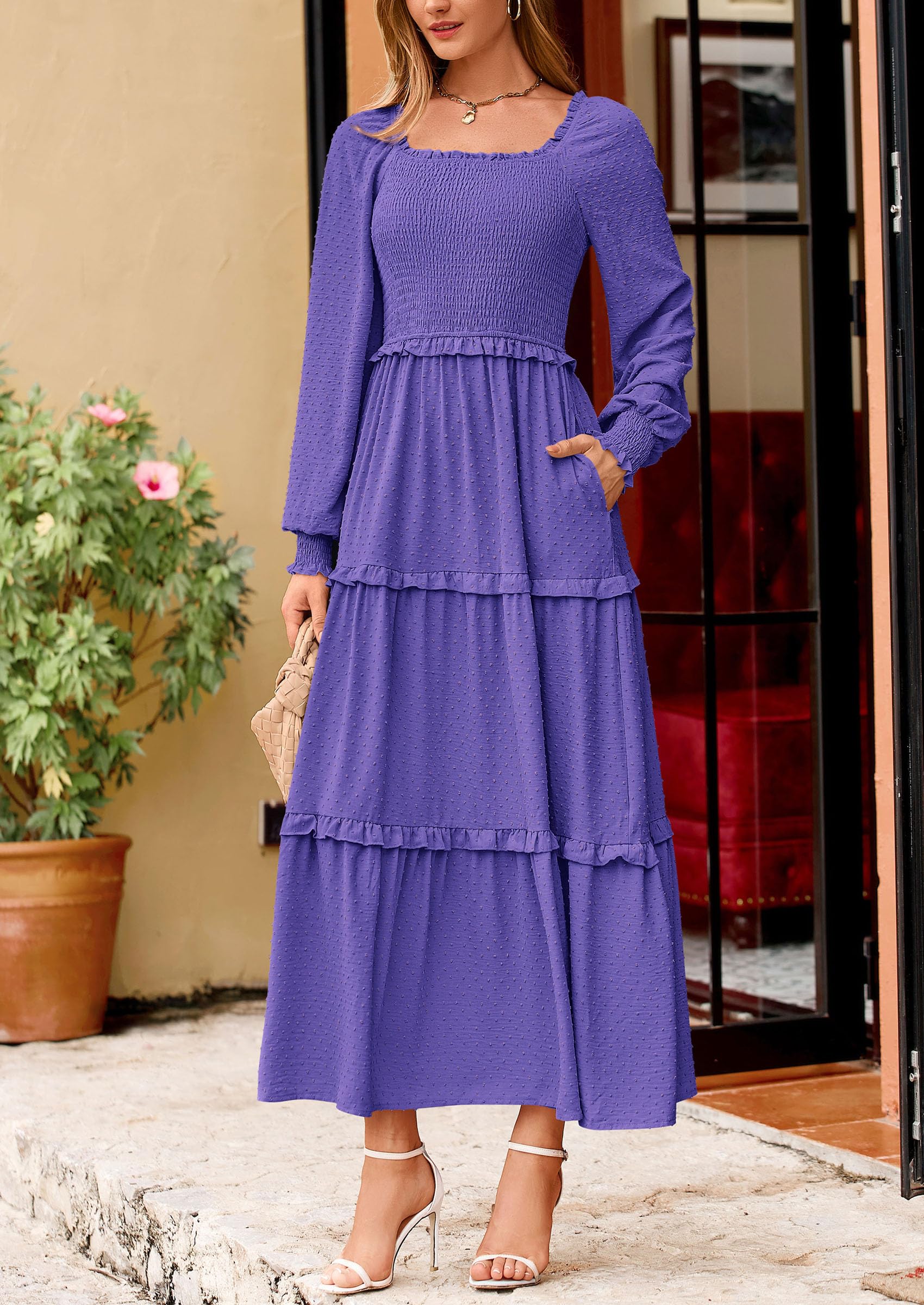 PRETTYGARDEN Women Fall Long Sleeve Smocked Maxi Dress Casual Square Neck Swiss Dot Tiered Ruffle Flowy Spring Pocket Dresses