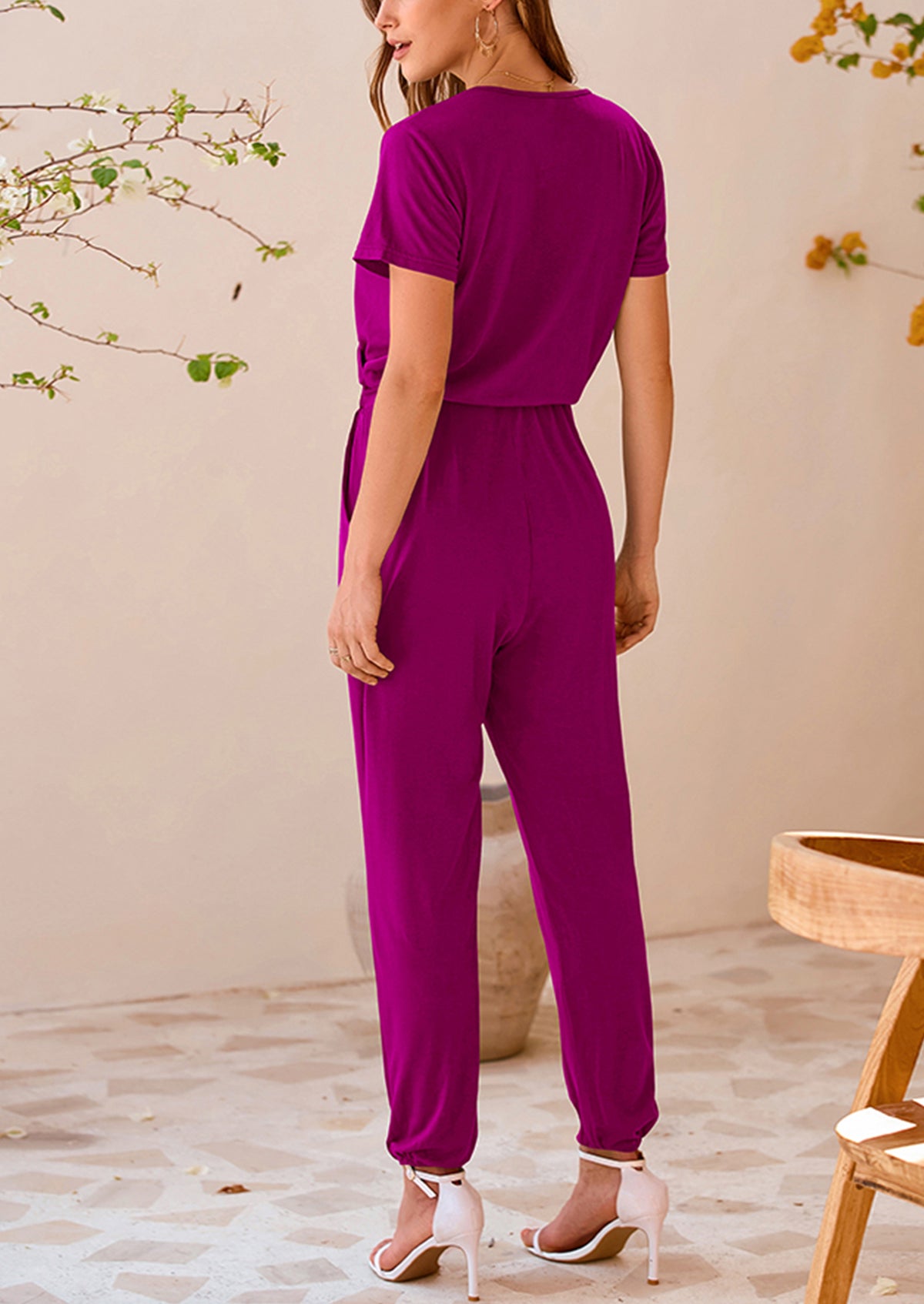 Deep V Neck Wrap Drawstring Waist Jumpsuits