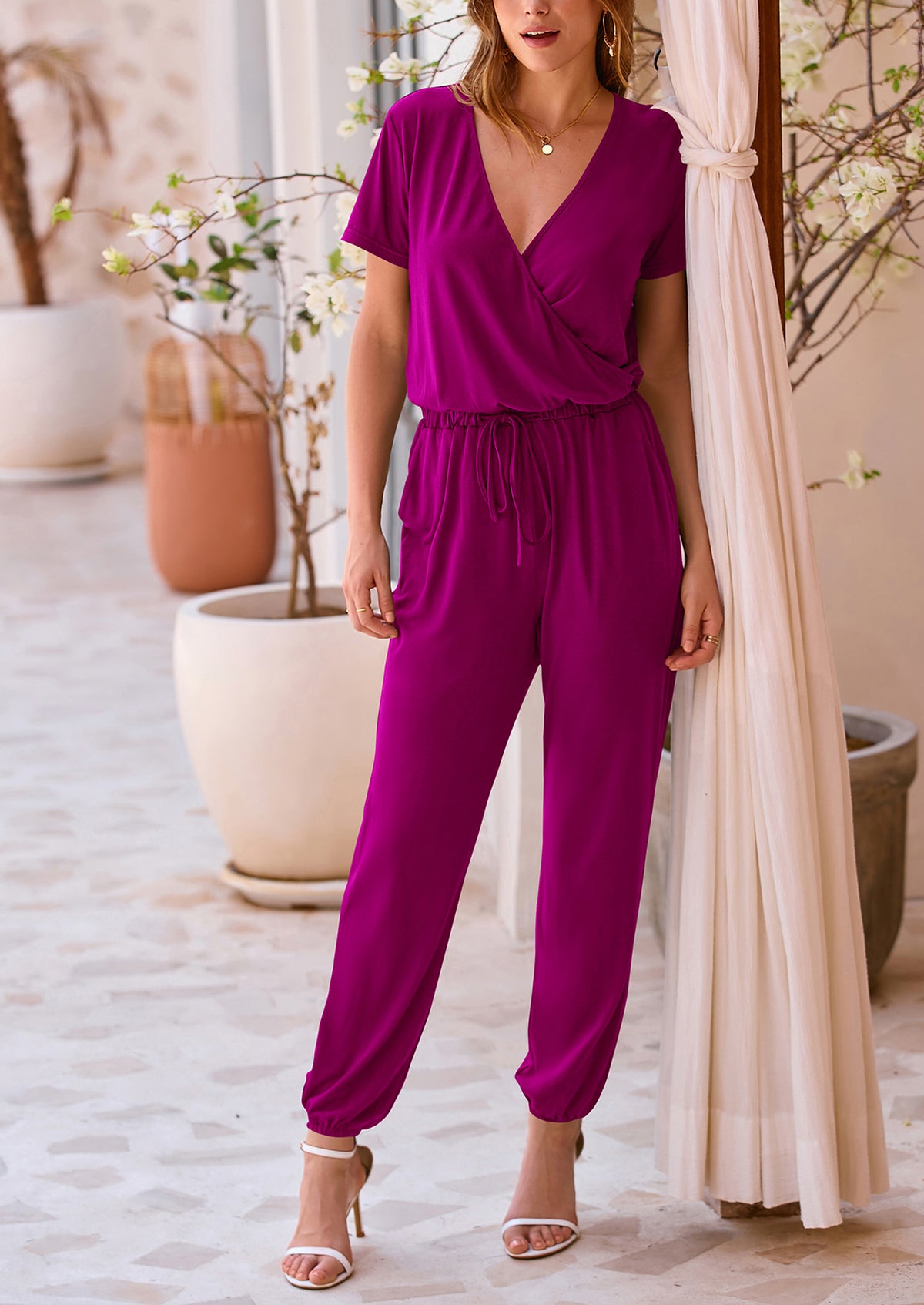 Deep V Neck Wrap Drawstring Waist Jumpsuits