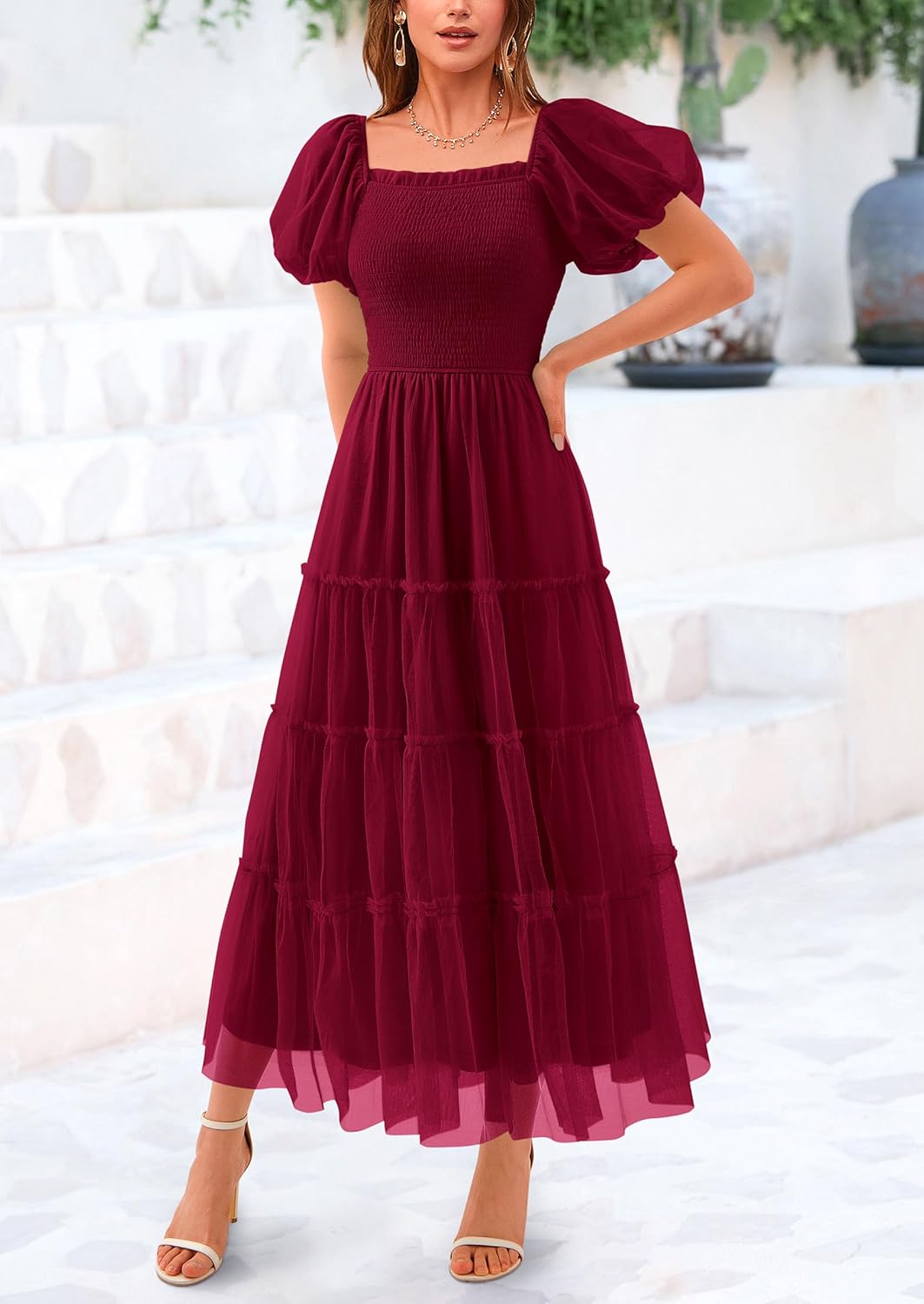 Smocked Tulle Puffy Short Sleeve Square Neck Ruffle Midi Dresses